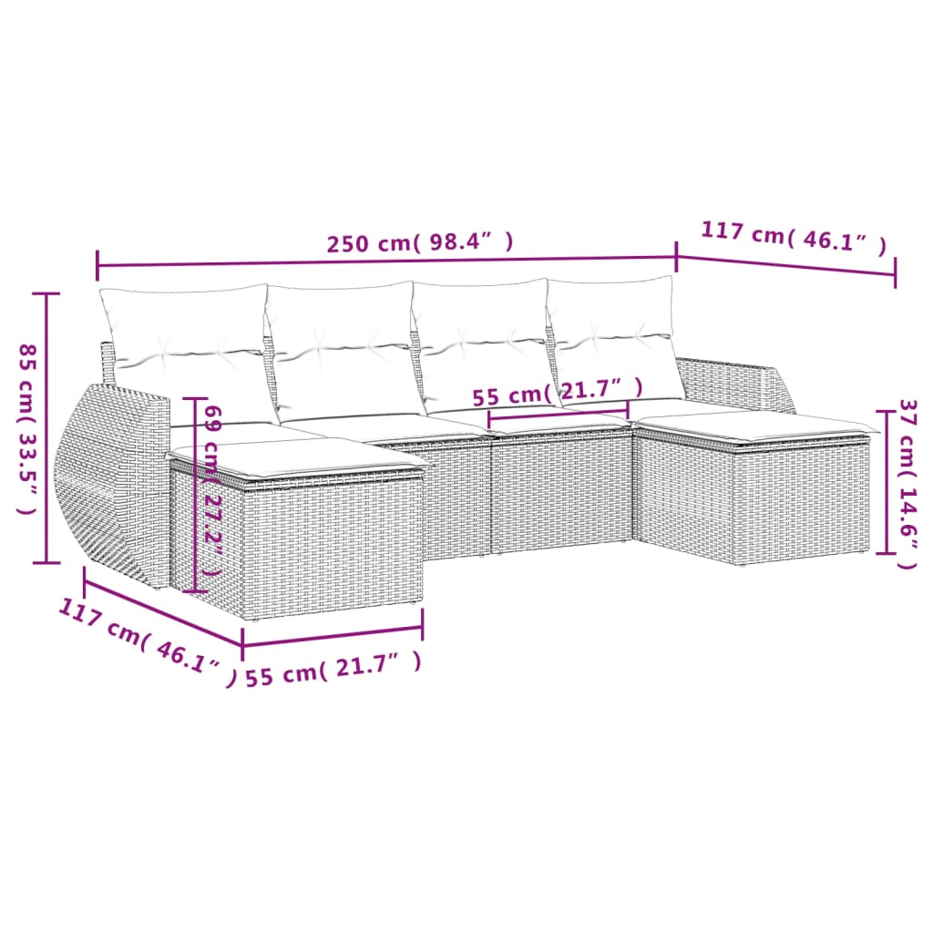 Set Divano da Giardino 6 pz con Cuscini Nero in Polyrattan 3221715