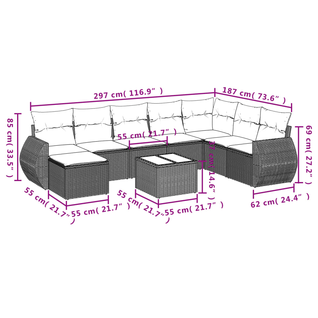 Set Divani da Giardino 9 pz con Cuscini Nero in Polyrattan 3221764