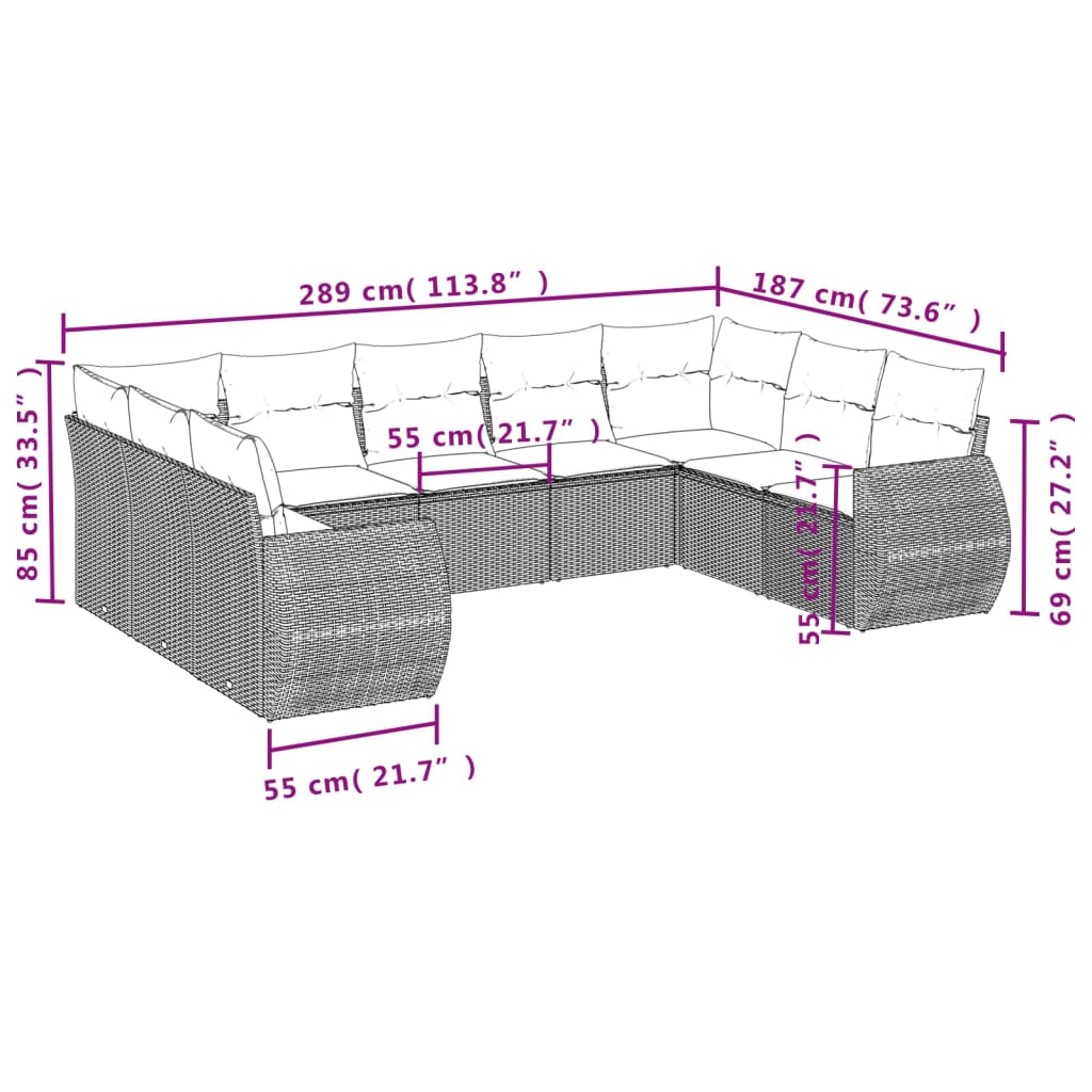 Set Divani da Giardino 9 pz con Cuscini Nero in Polyrattan 3221795