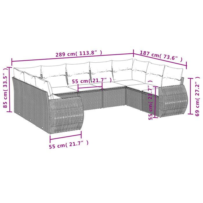 Set Divano da Giardino 9 pz con Cuscini Grigio in Polyrattan 3221799