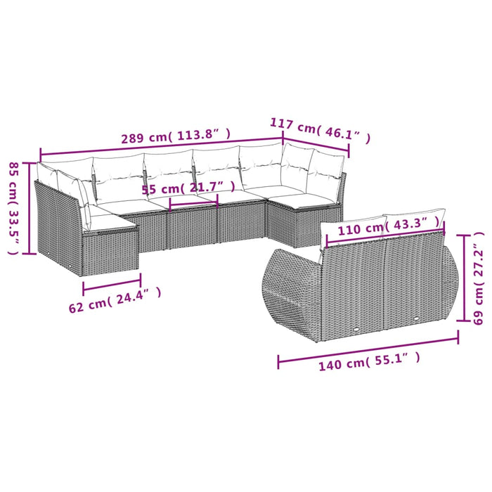 Set Divano da Giardino 9 pz con Cuscini Beige in Polyrattan 3221818