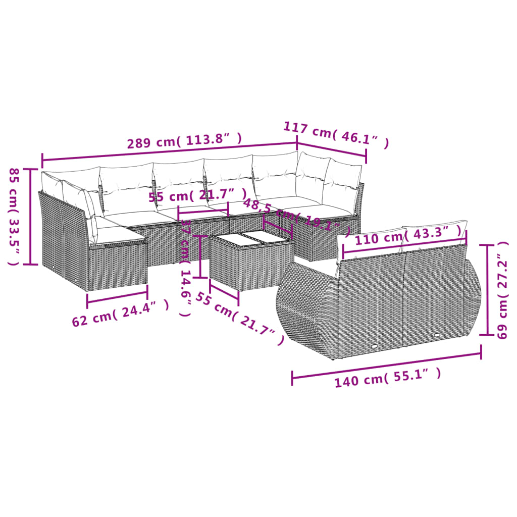 Set Divani da Giardino 10pz con Cuscini in Polyrattan Nero 3221824