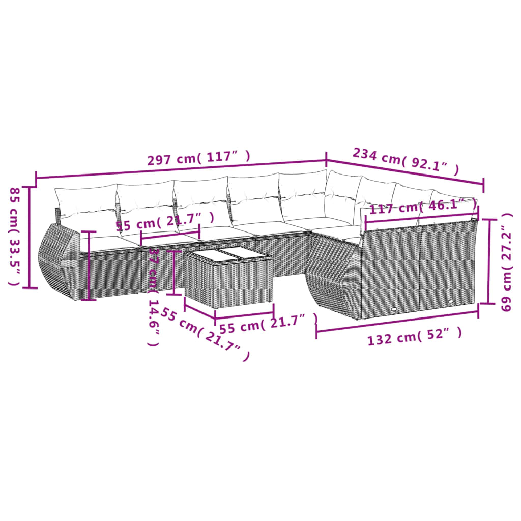 Set Divani da Giardino 10pz con Cuscini in Polyrattan Marrone 3221852