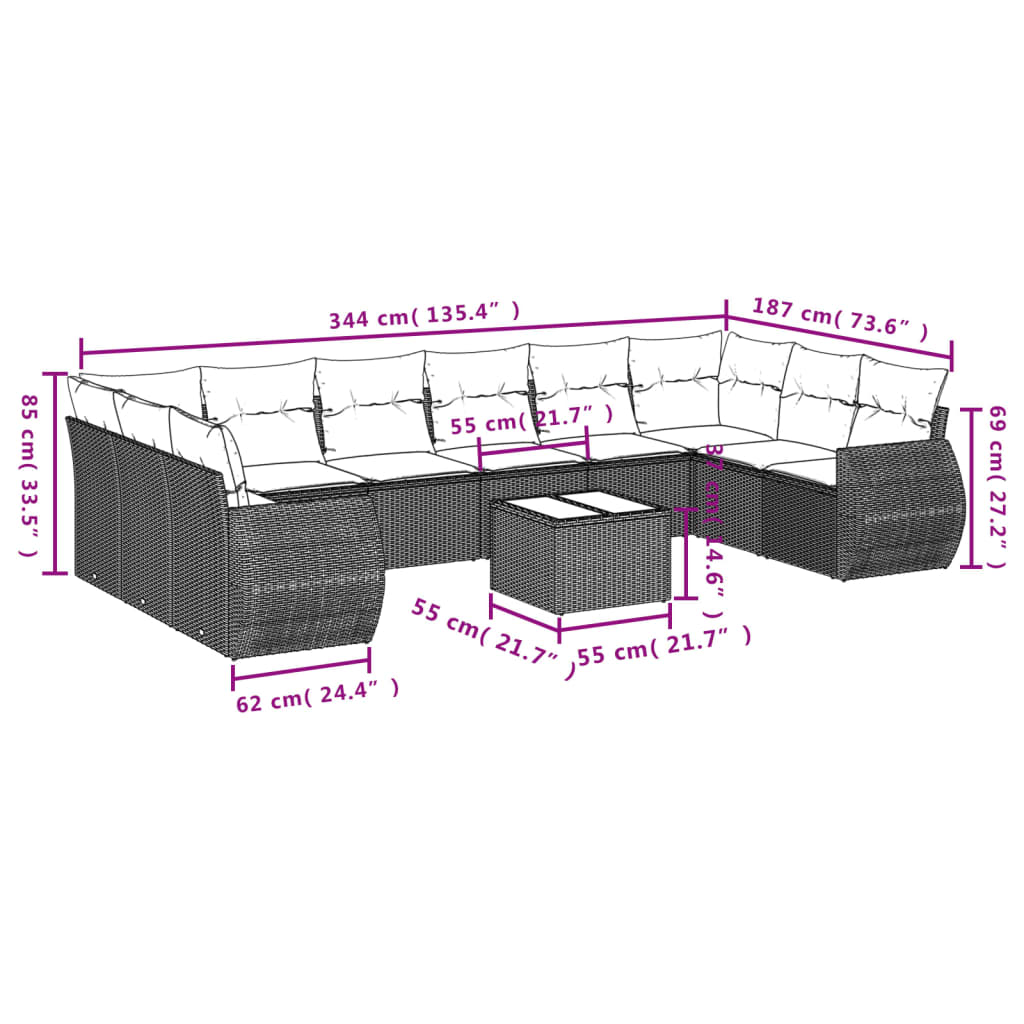 Set Divani da Giardino 10pz con Cuscini in Polyrattan Nero 3221865