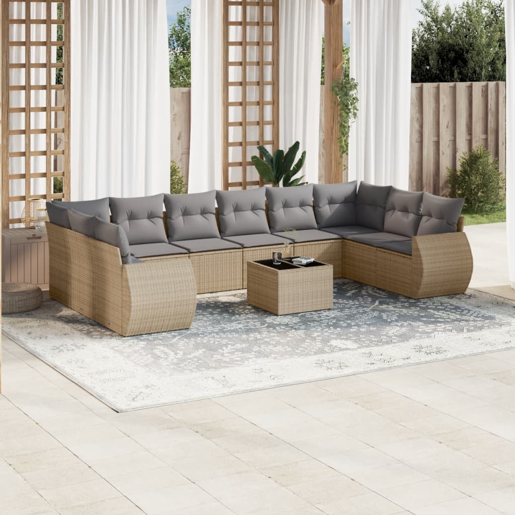 Set Divani da Giardino 11 pz con Cuscini Beige in Polyrattan 3221878