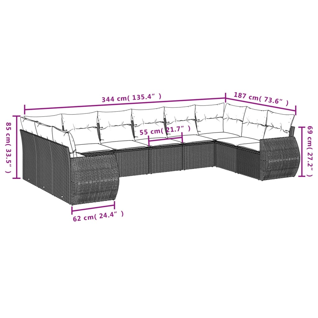 Set Divani da Giardino 11 pz con Cuscini in Polyrattan Grigio 3221879