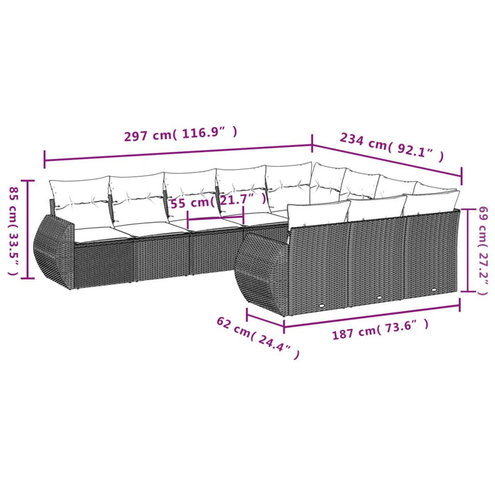 Set Divani da Giardino 10pz con Cuscini in Polyrattan Nero 3221884