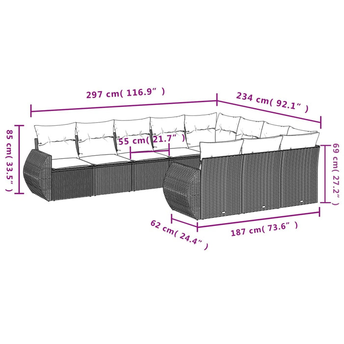 Set Divani da Giardino 10pz con Cuscini in Polyrattan Marrone 3221892