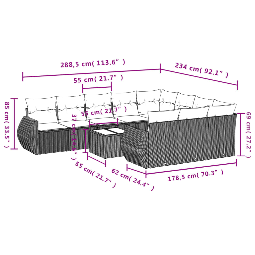 Set Divani da Giardino 11 pz con Cuscini in Polyrattan Grigio 3221899