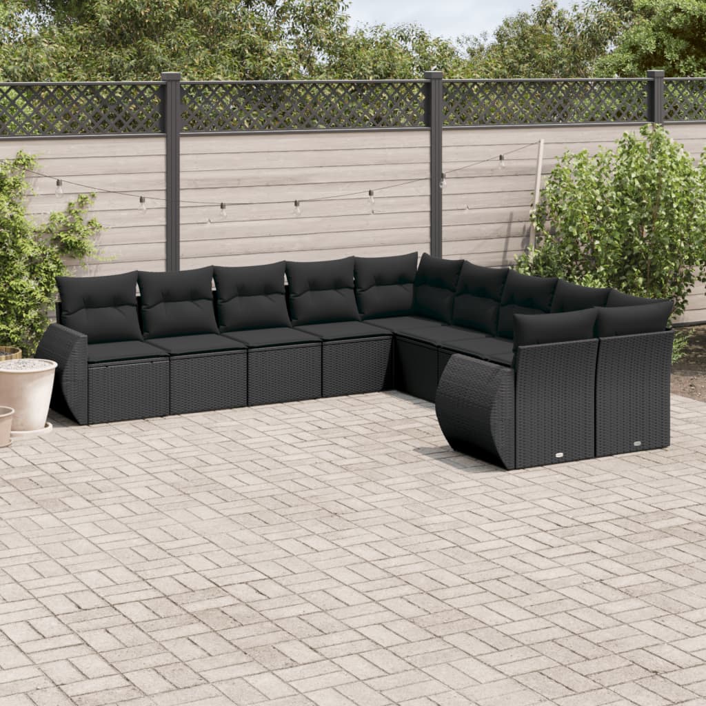 Set Divani da Giardino 10pz con Cuscini in Polyrattan Nero 3221904