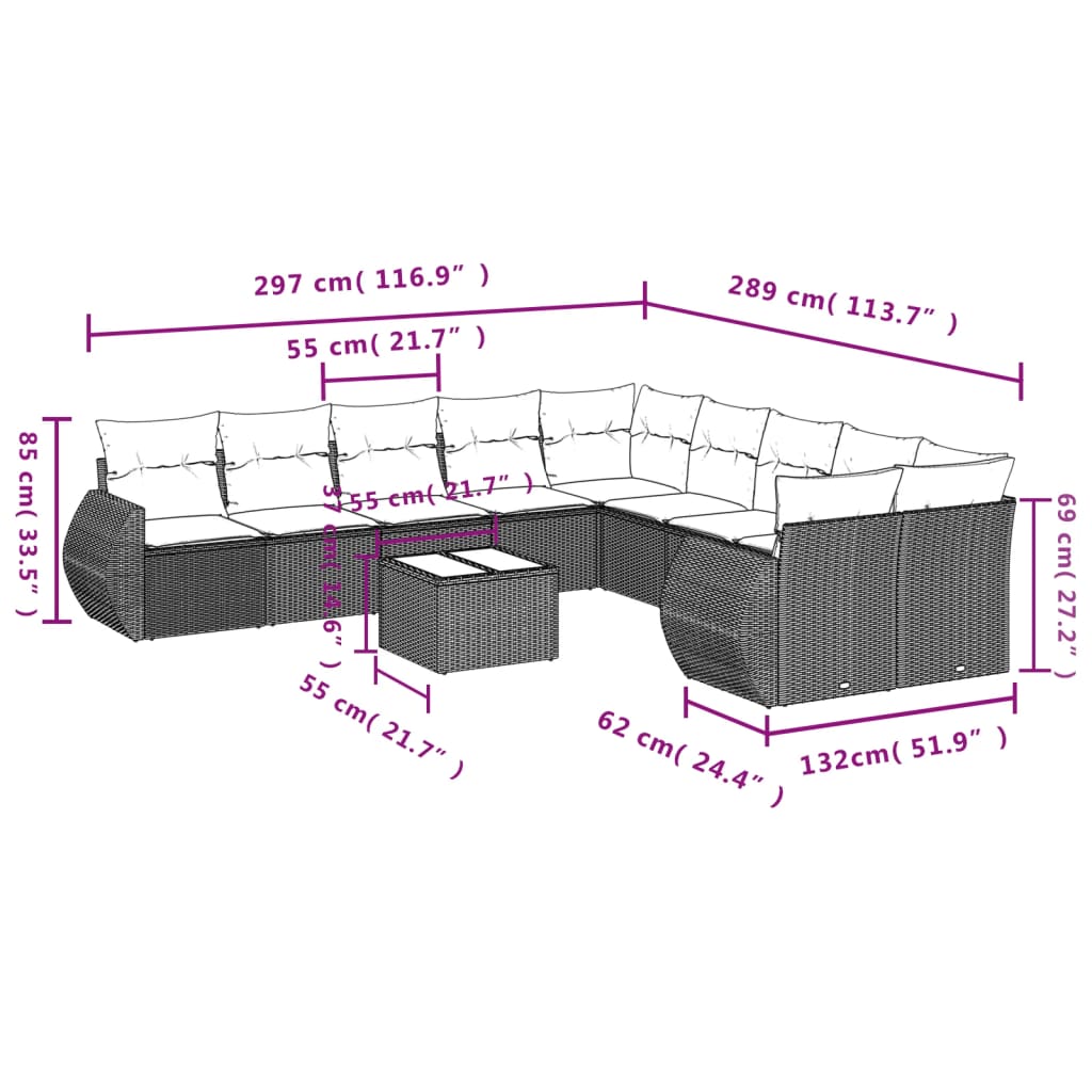 Set Divani da Giardino 11 pz con Cuscini in Polyrattan Grigio 3221921