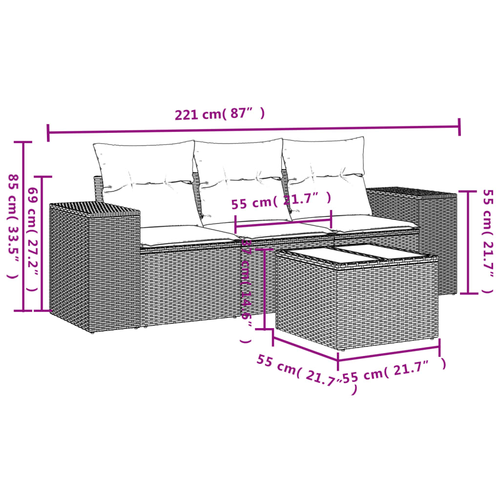 Set Divani da Giardino 4 pz con Cuscini Nero in Polyrattan 3222265