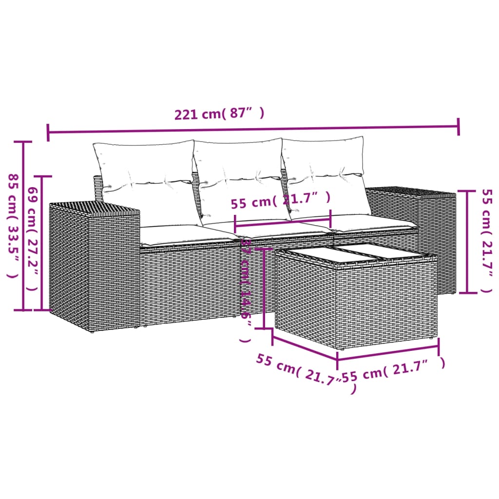 Set Divano da Giardino 4pz con Cuscini Grigio Chiaro Polyrattan 3222271