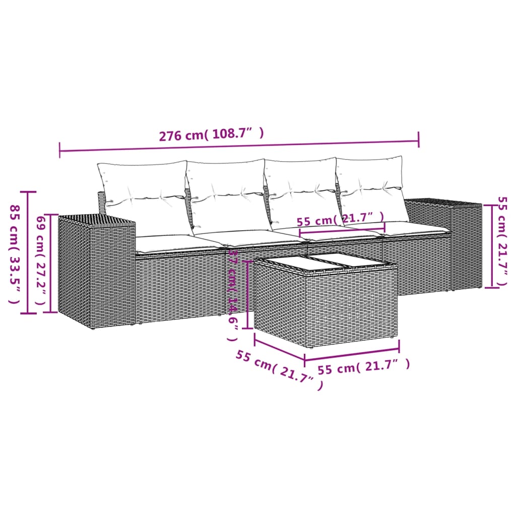 Set Divani da Giardino 5 pz con Cuscini in Polyrattan Nero 3222285