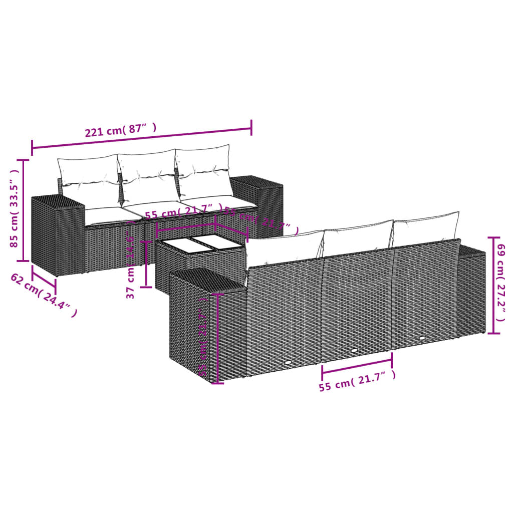 Set Divani da Giardino 7 pz con Cuscini Grigio in Polyrattan 3222309