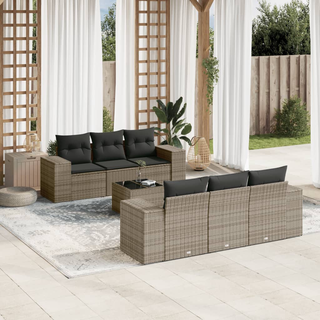 Set Divani da Giardino 7 pz con Cuscini Grigio in Polyrattan 3222309