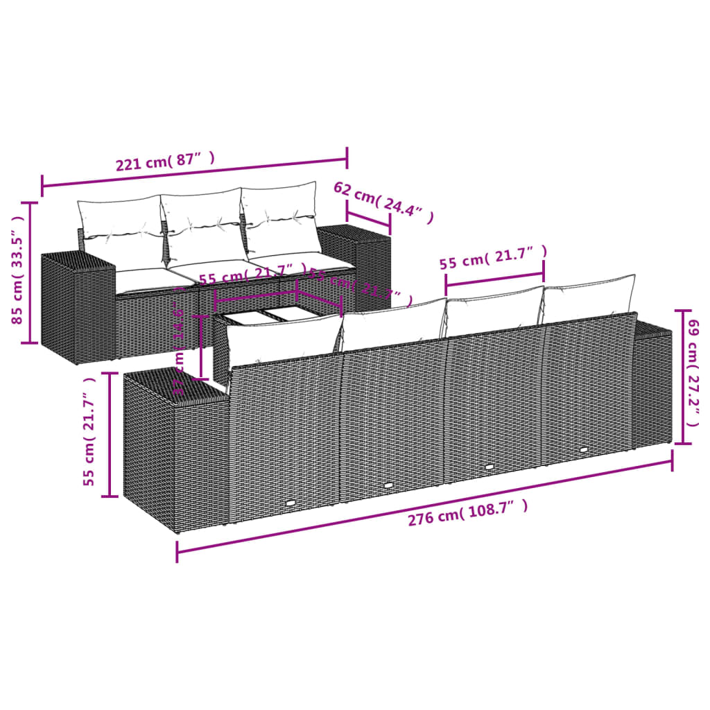 Set Divani da Giardino con Cuscini 8 pz Nero in Polyrattan 3222325