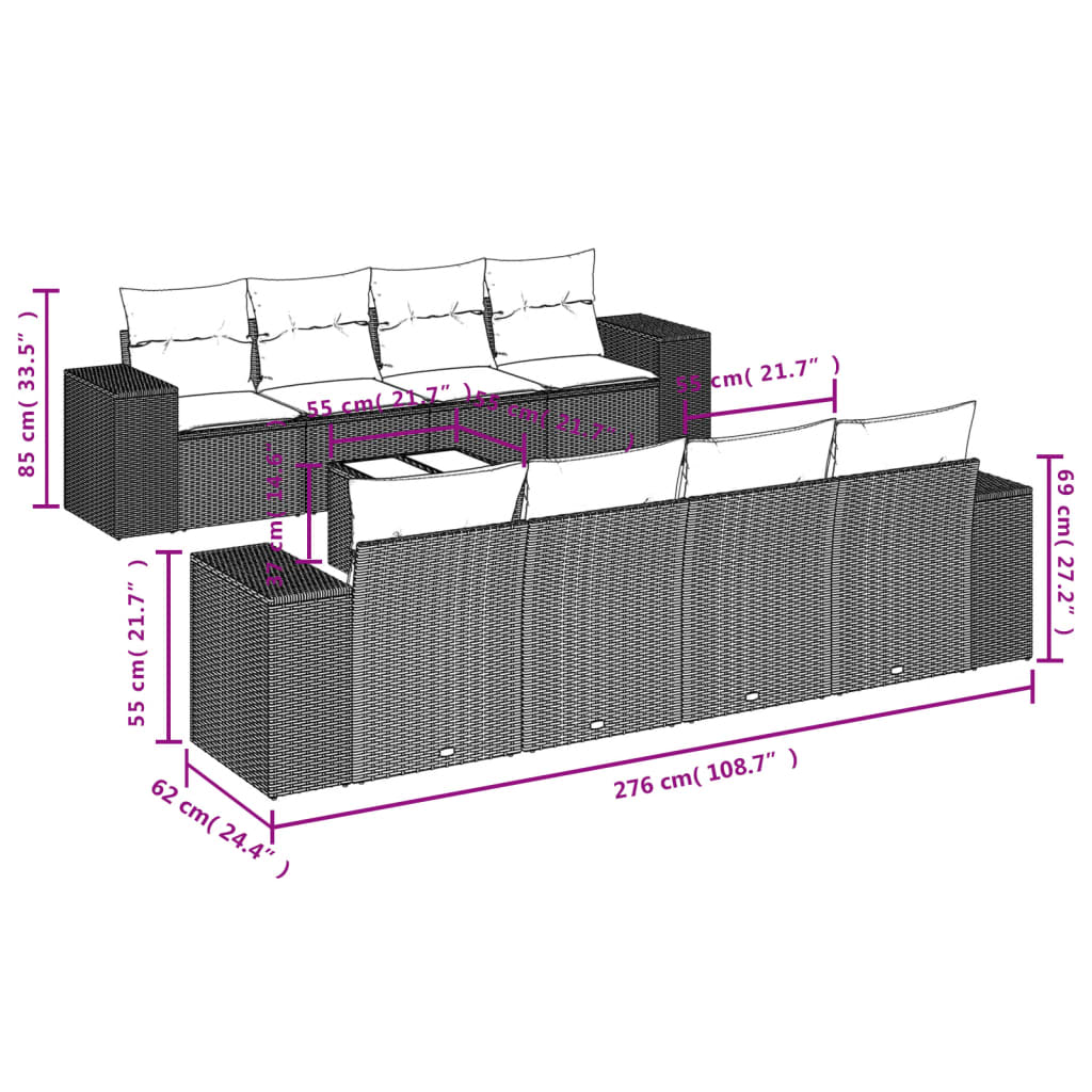 Set Divano da Giardino 9 pz con Cuscini Grigio in Polyrattan 3222349