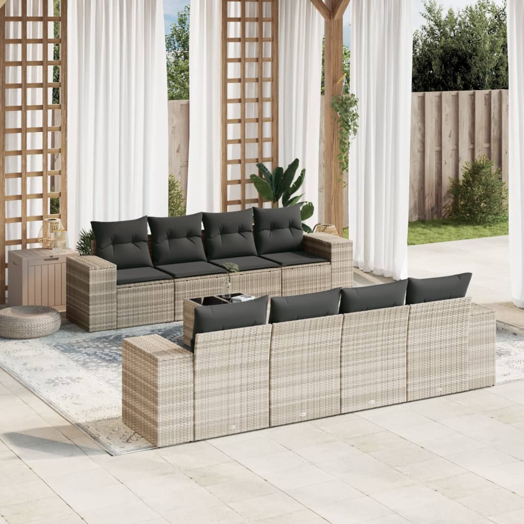 Set Divano da Giardino 9pz con Cuscini Grigio Chiaro Polyrattan 3222351