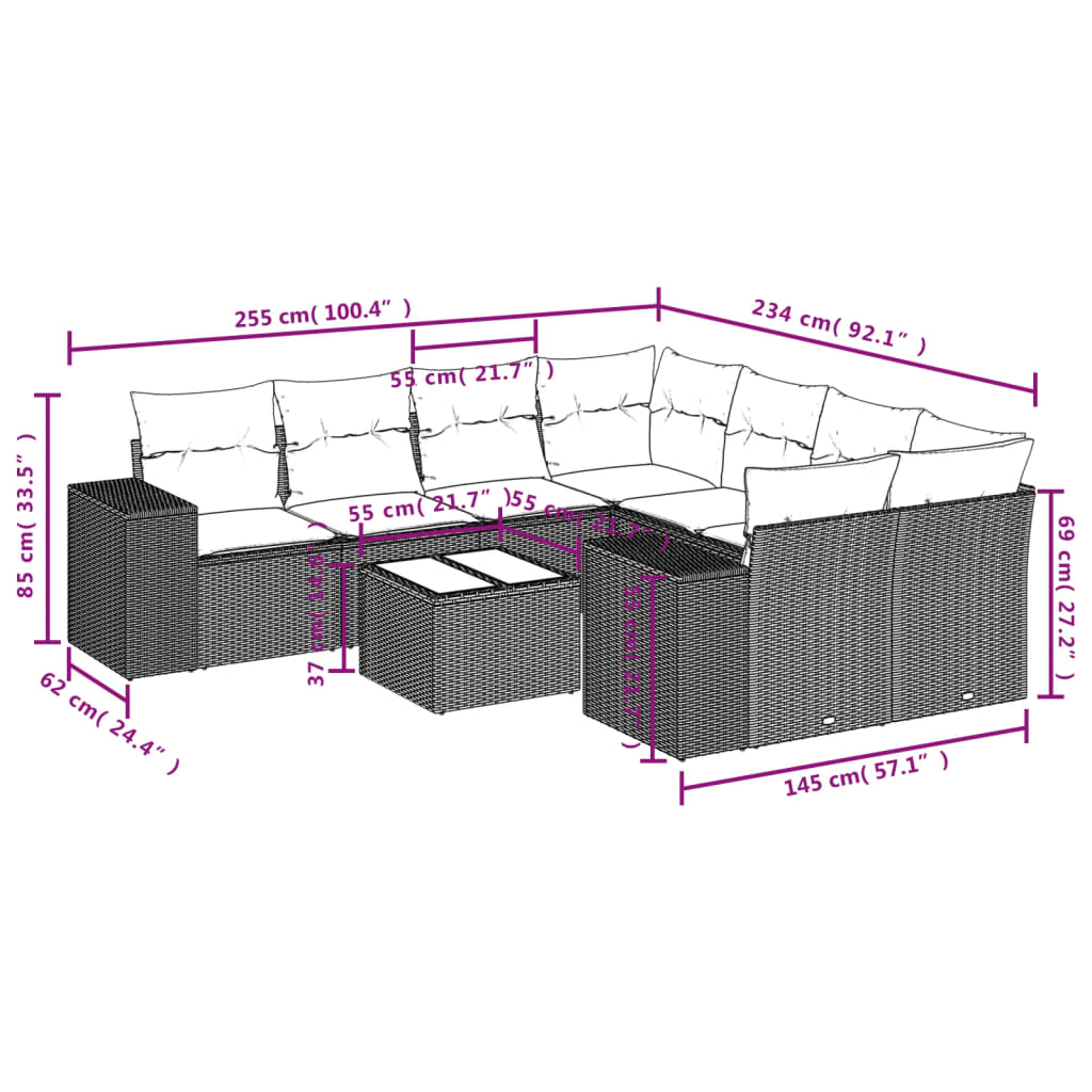 Set Divani da Giardino 9 pz con Cuscini Nero in Polyrattan 3222355