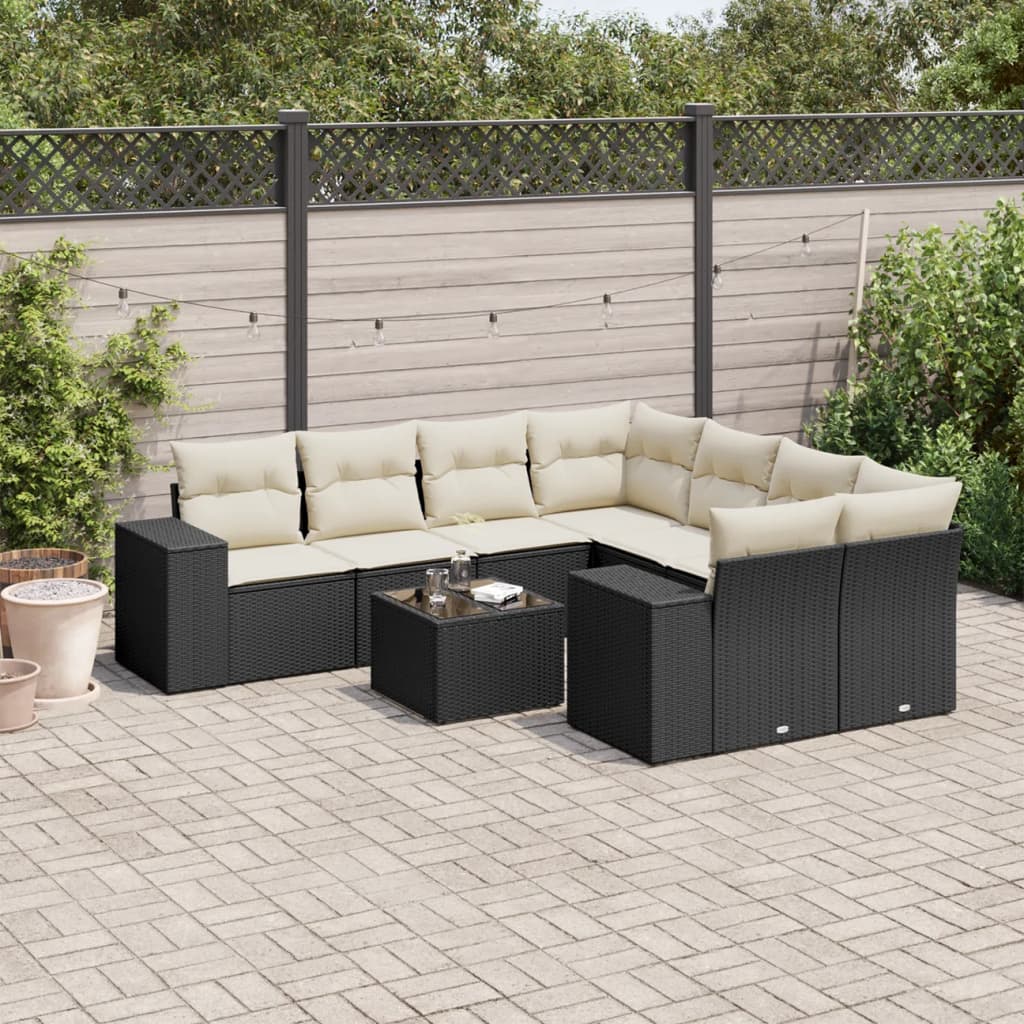 Set Divani da Giardino 9 pz con Cuscini Nero in Polyrattan 3222355