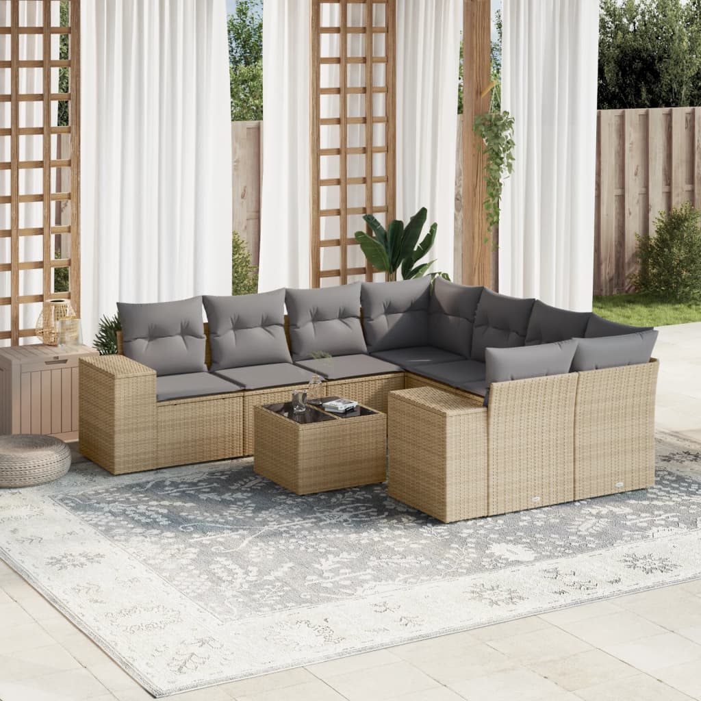 Set Divano da Giardino 9 pz con Cuscini Beige in Polyrattan 3222358