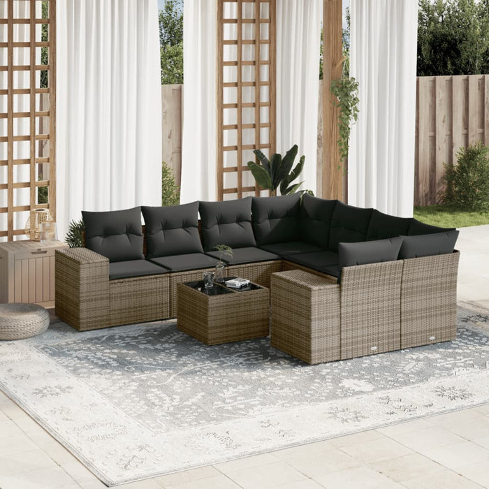 Set Divano da Giardino 9 pz con Cuscini Grigio in Polyrattan 3222359