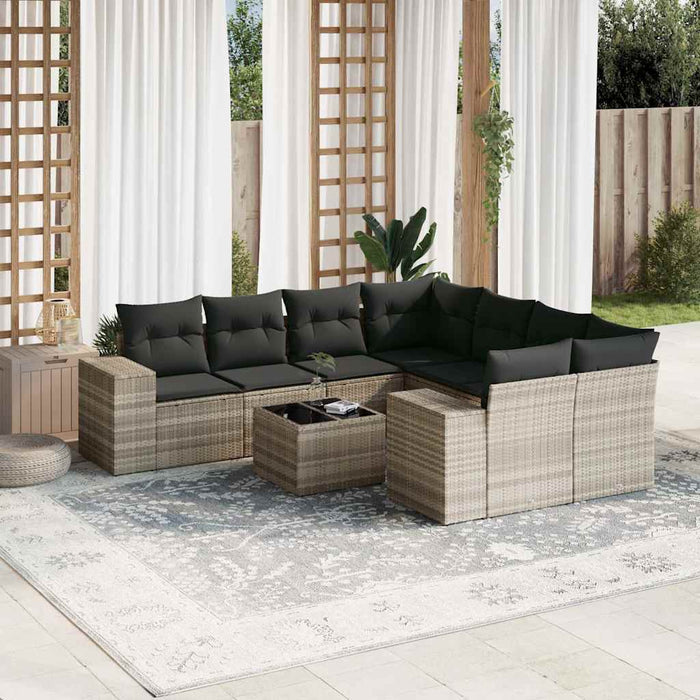 Set Divano da Giardino 9pz con Cuscini Grigio Chiaro Polyrattan 3222361