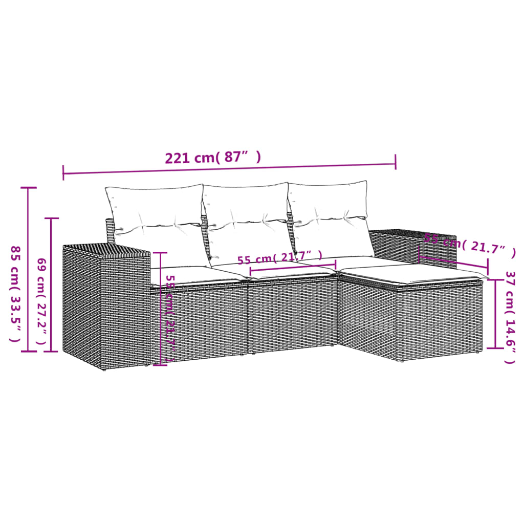 Set Divani da Giardino 4 pz con Cuscini Nero in Polyrattan 3222464