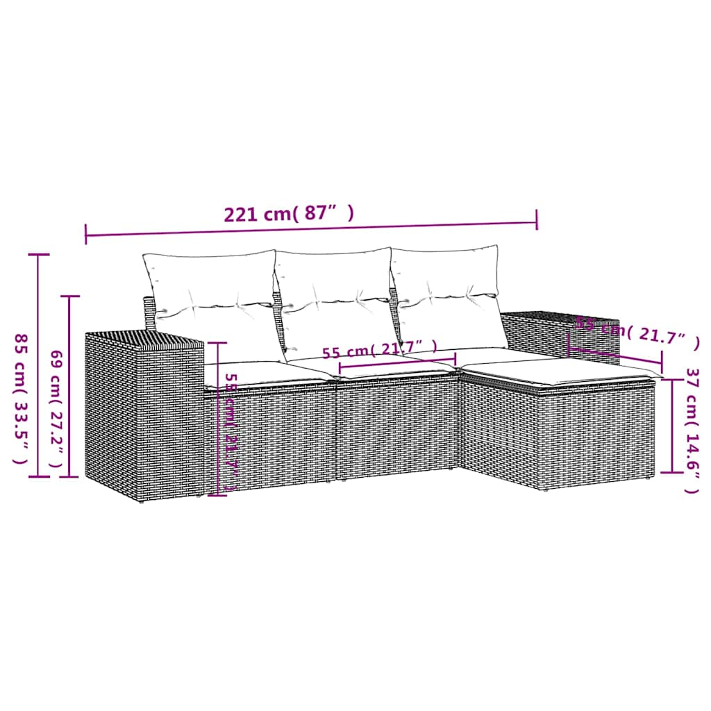 Set Divano da Giardino 4pz con Cuscini Grigio Chiaro Polyrattan 3222471