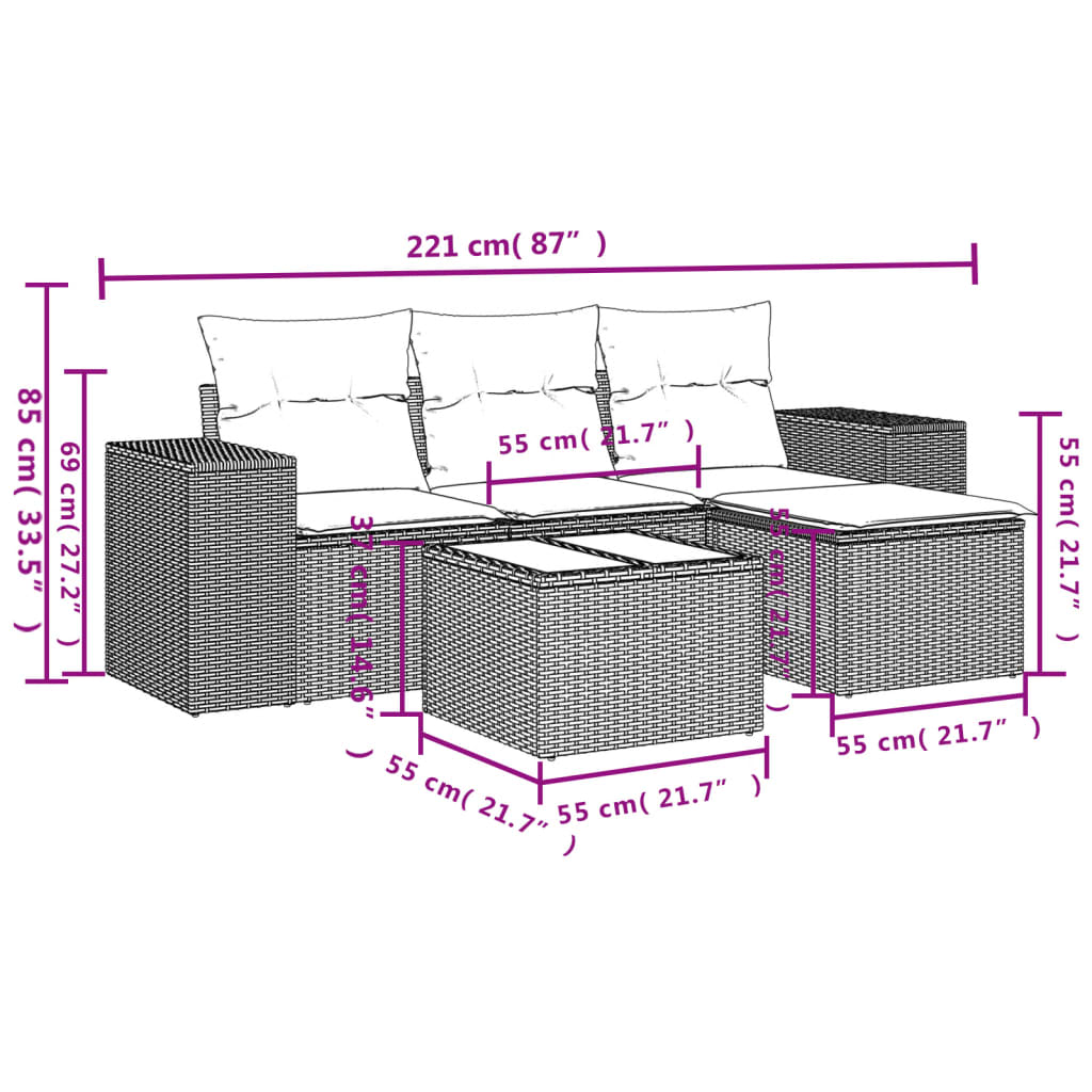 Set Divani da Giardino 5 pz con Cuscini in Polyrattan Nero 3222475