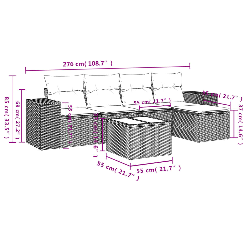 Set Divano da Giardino 6 pz con Cuscini Nero in Polyrattan 3222494