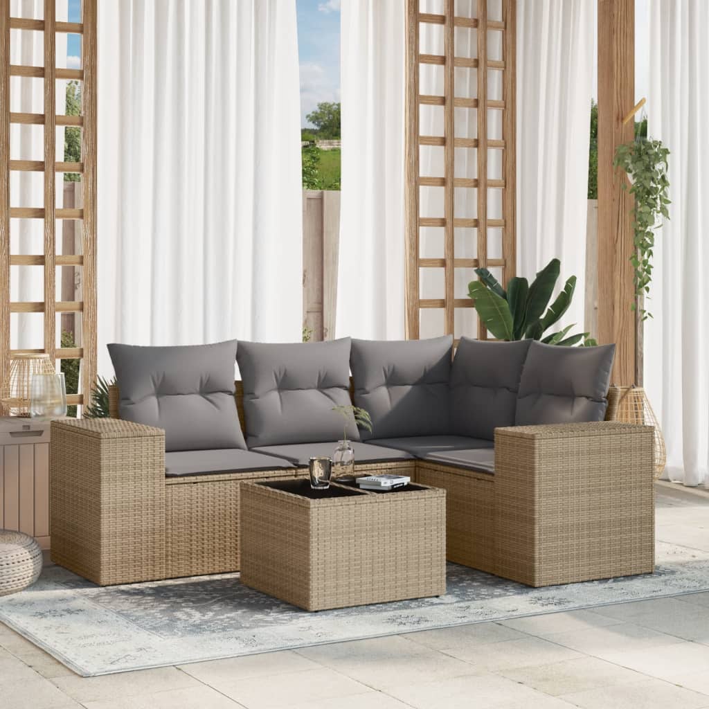 Set Divano da Giardino 5 pz con Cuscini Beige in Polyrattan 3222518