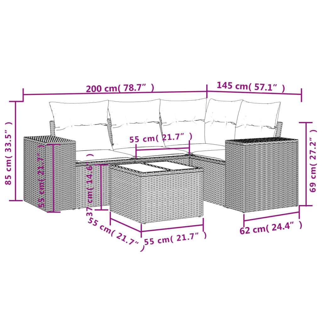 Set Divano da Giardino 5 pz con Cuscini Grigio in Polyrattan 3222519