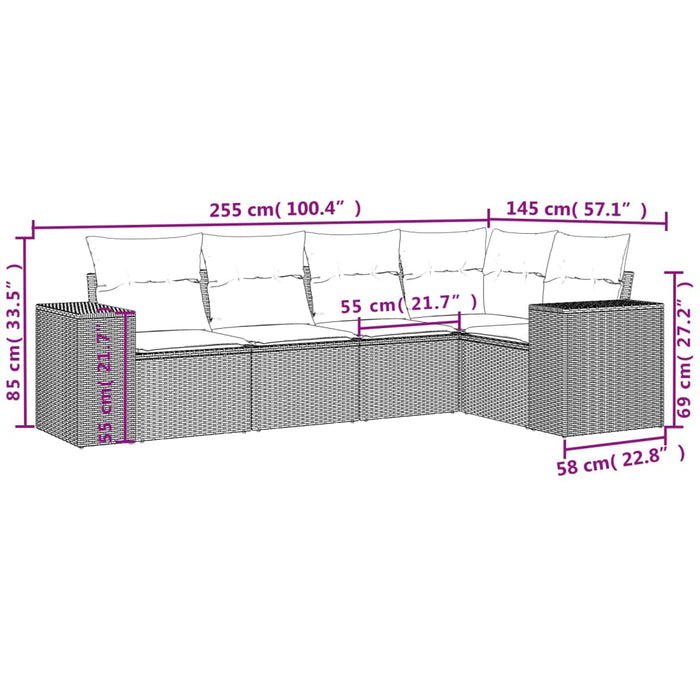 Set Divano da Giardino 5 pz con Cuscini Beige in Polyrattan 3222528