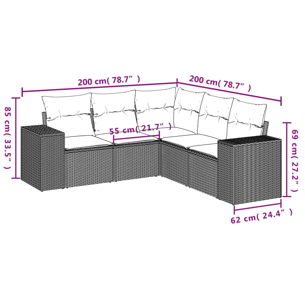 Set Divani da Giardino 5 pz con Cuscini in Polyrattan Nero 3222544