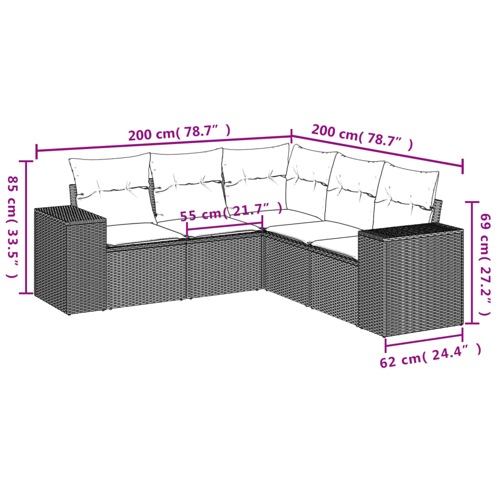 Set Divano da Giardino 5 pz con Cuscini Beige in Polyrattan 3222547