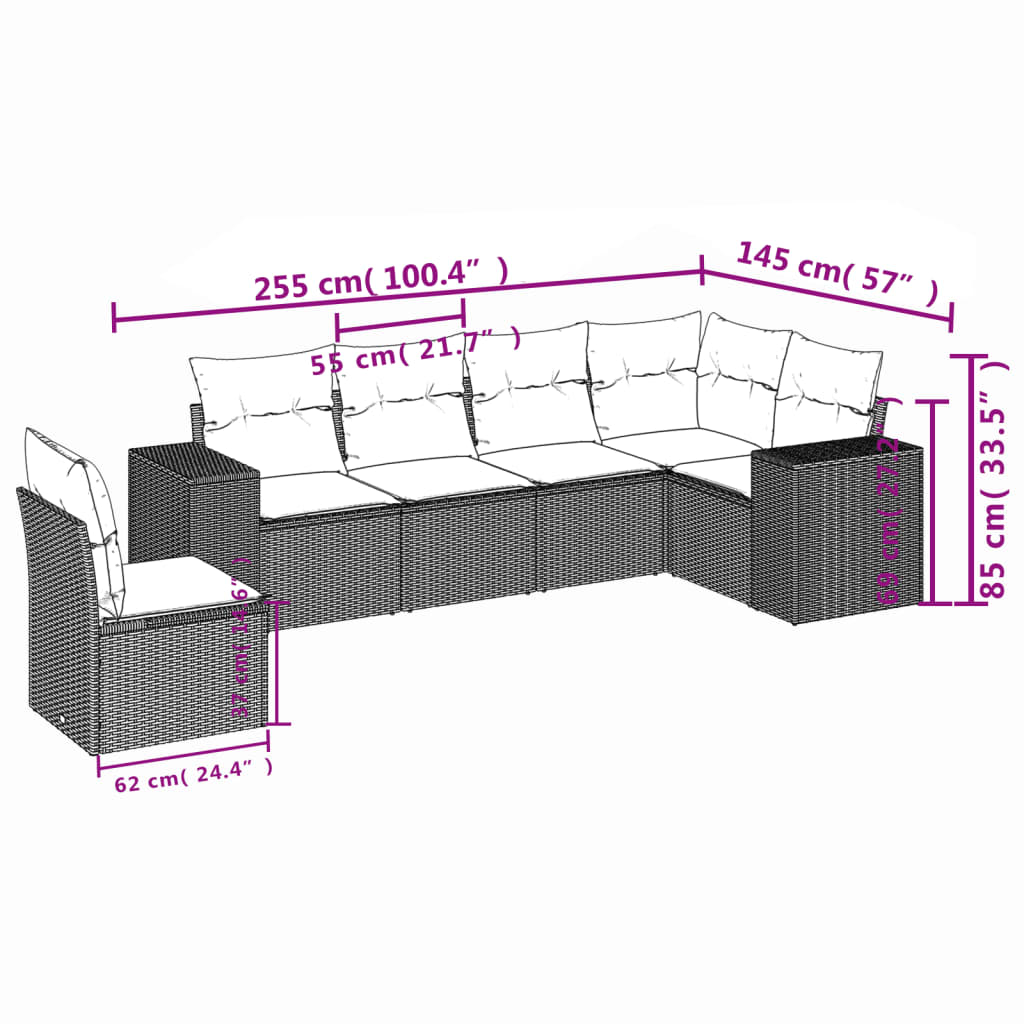 Set Divano da Giardino 6 pz con Cuscini Nero in Polyrattan 3222624