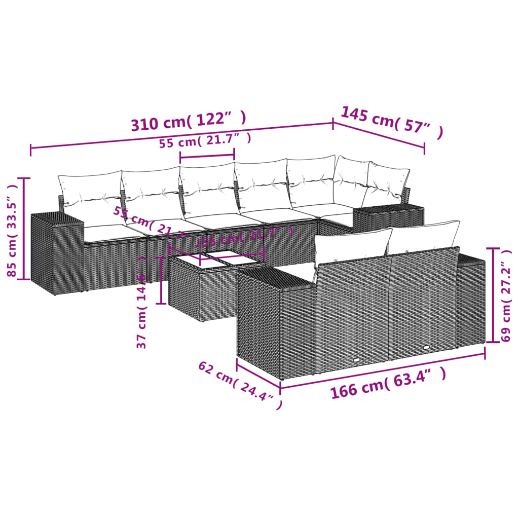 Set Divani da Giardino 9 pz con Cuscini Nero in Polyrattan 3222825