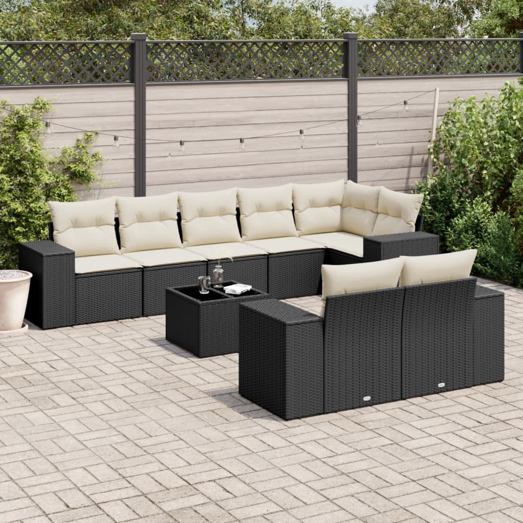 Set Divani da Giardino 9 pz con Cuscini Nero in Polyrattan 3222825