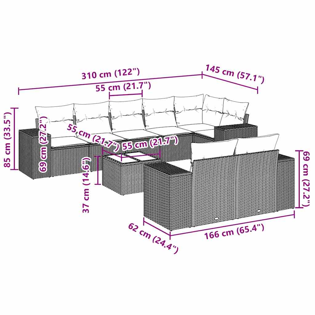 Set Divano da Giardino 9pz con Cuscini Grigio Chiaro Polyrattan 3222831