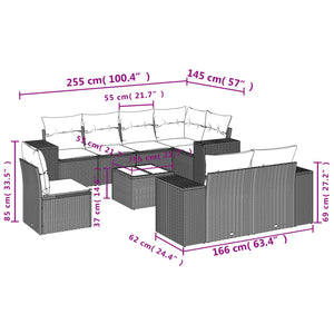 Set Divani da Giardino 9 pz con Cuscini Nero in Polyrattan 3222845