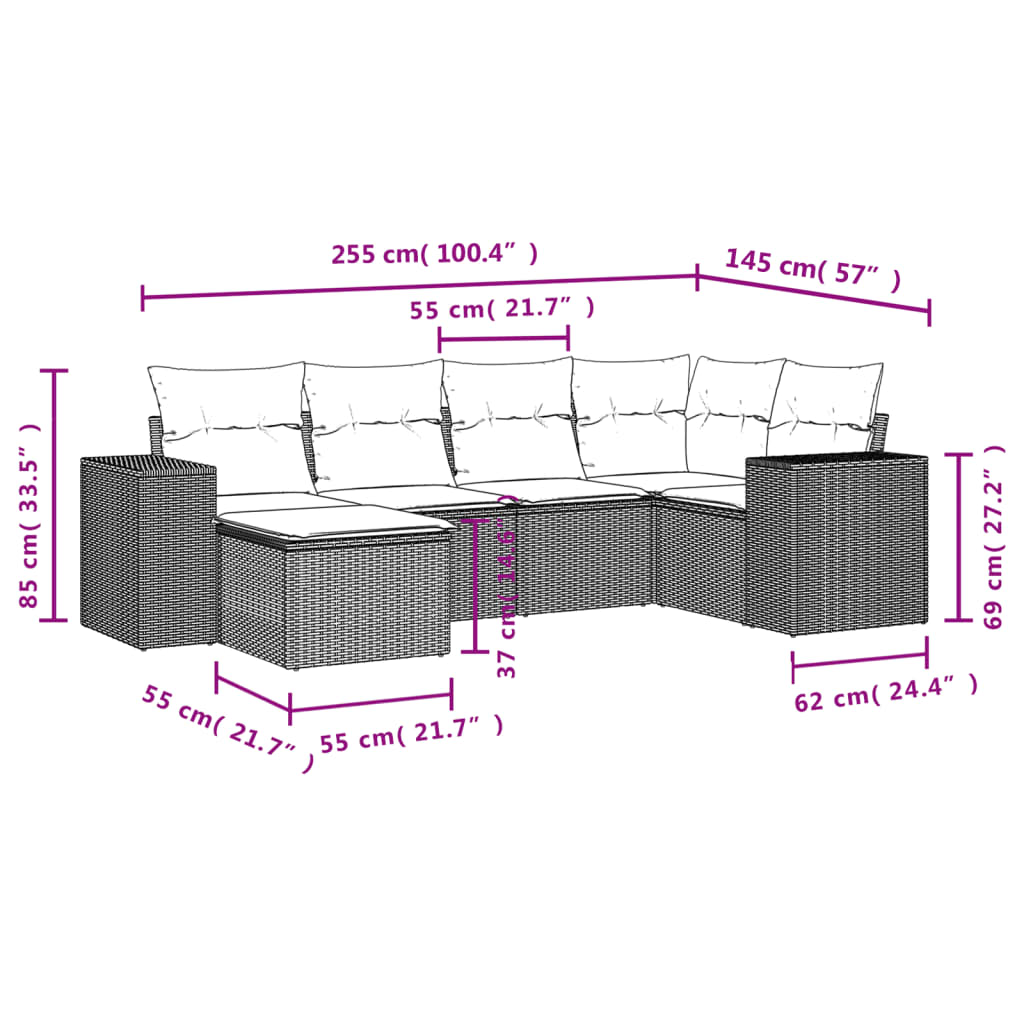 Set Divano da Giardino 6 pz con Cuscini Nero in Polyrattan 3222854