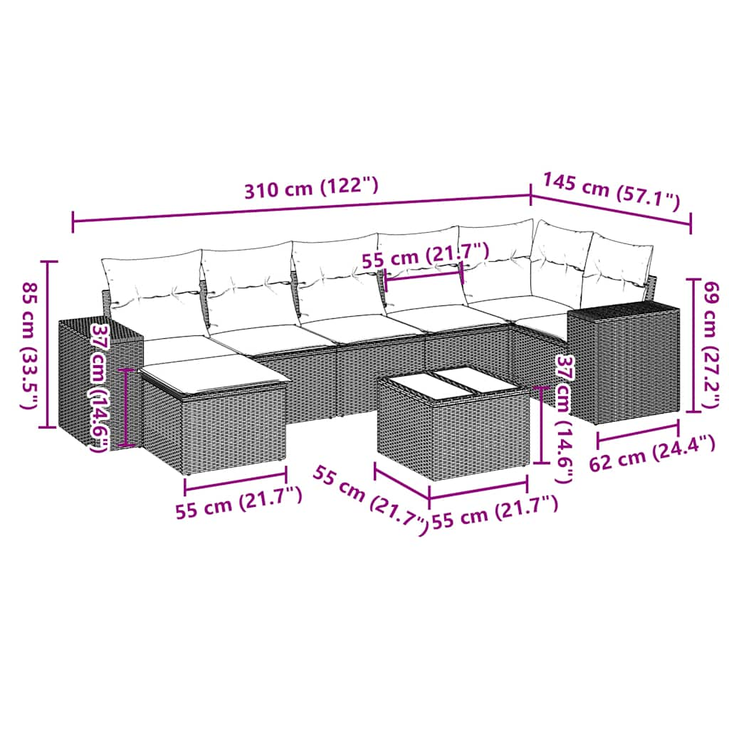 Set Divano da Giardino 8pz con Cuscini Grigio Chiaro Polyrattan 3222891