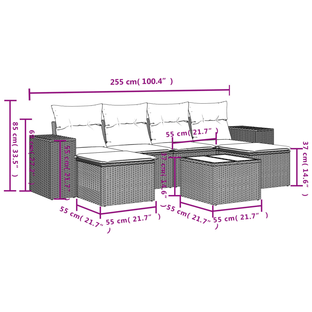 Set Divani da Giardino 7 pz con Cuscini Beige in Polyrattan 3222928