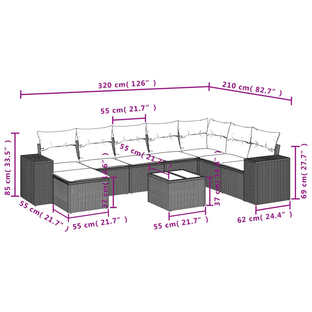 Set Divani da Giardino 9 pz con Cuscini Nero in Polyrattan 3222964