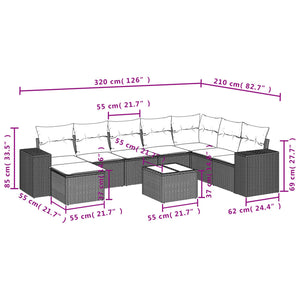 Set Divano da Giardino 9 pz con Cuscini Grigio in Polyrattan 3222969