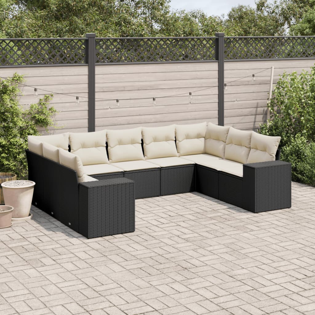 Set Divani da Giardino 9 pz con Cuscini Nero in Polyrattan 3222995