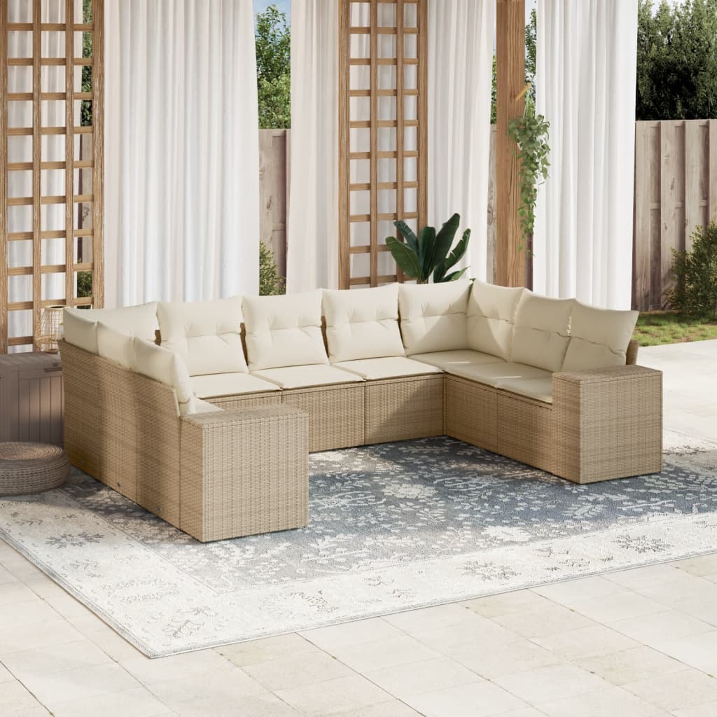 Set Divano da Giardino 9 pz con Cuscini Beige in Polyrattan 3222997