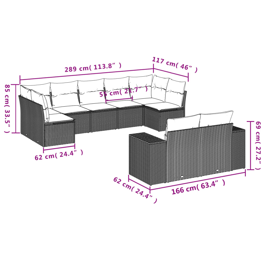 Set Divani da Giardino 9 pz con Cuscini Nero in Polyrattan 3223015